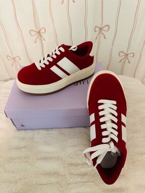 Madden Girl Red Platform Sneakers with White Stripes